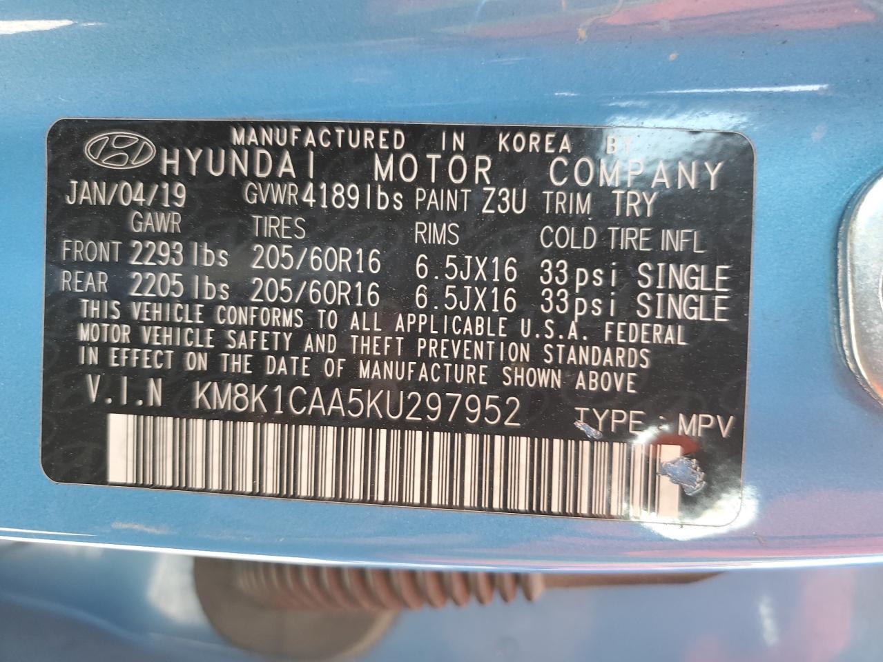 KM8K1CAA5KU297952 2019 Hyundai Kona Se