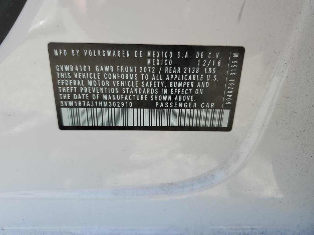 3VW167AJ1HM302910 2017 Volkswagen Jetta S