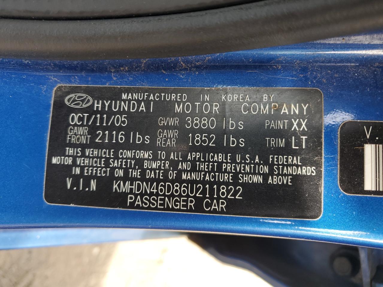 KMHDN46D86U211822 2006 Hyundai Elantra Gls