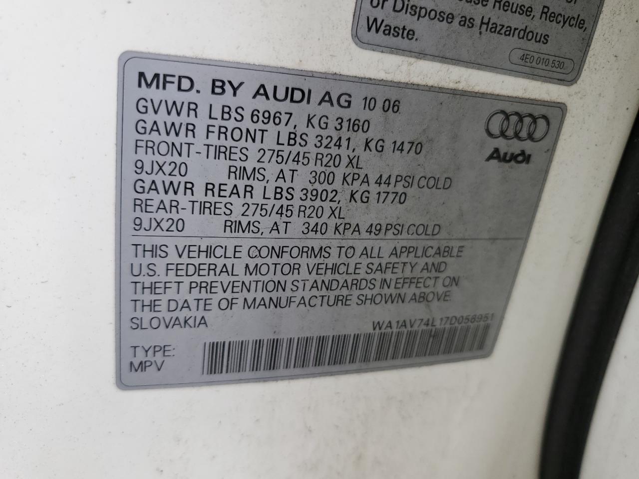 WA1AV74L17D056951 2007 Audi Q7 4.2 Quattro