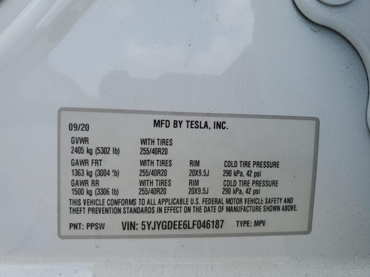 5YJYGDEE6LF046187 2020 Tesla Model Y