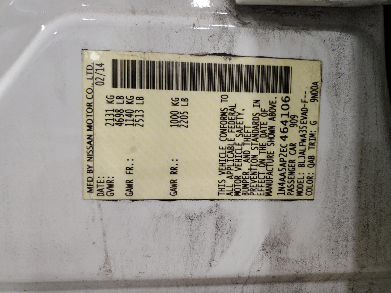 1N4AA5AP2EC464106 2014 Nissan Maxima S