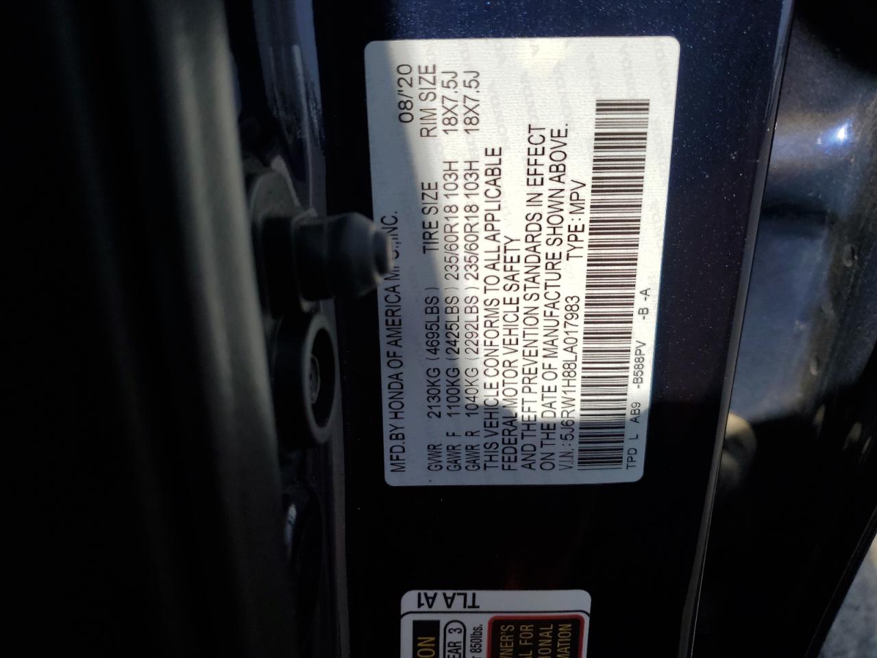 5J6RW1H88LA017983 2020 Honda Cr-V Exl