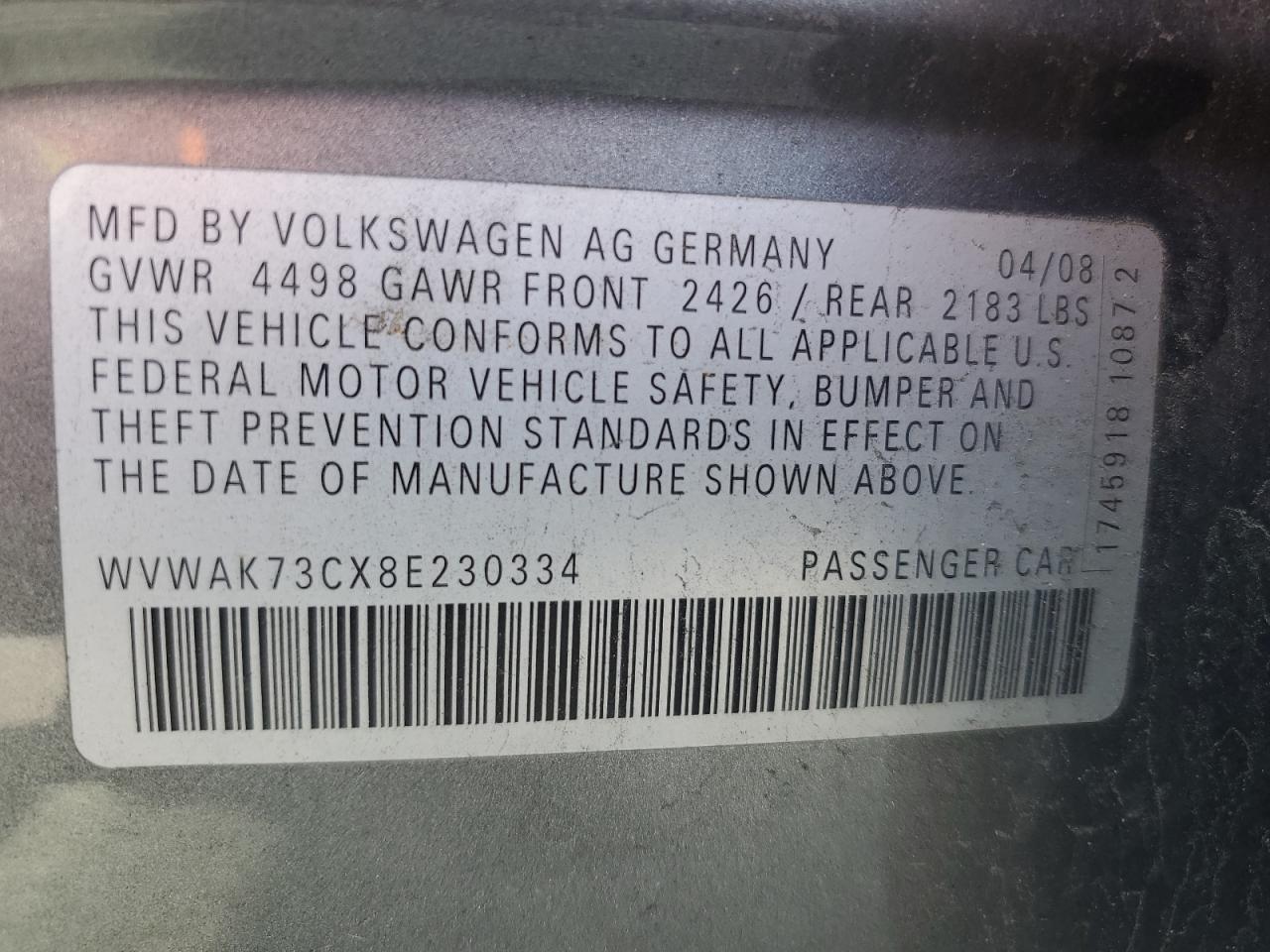 WVWAK73CX8E230334 2008 Volkswagen Passat Komfort