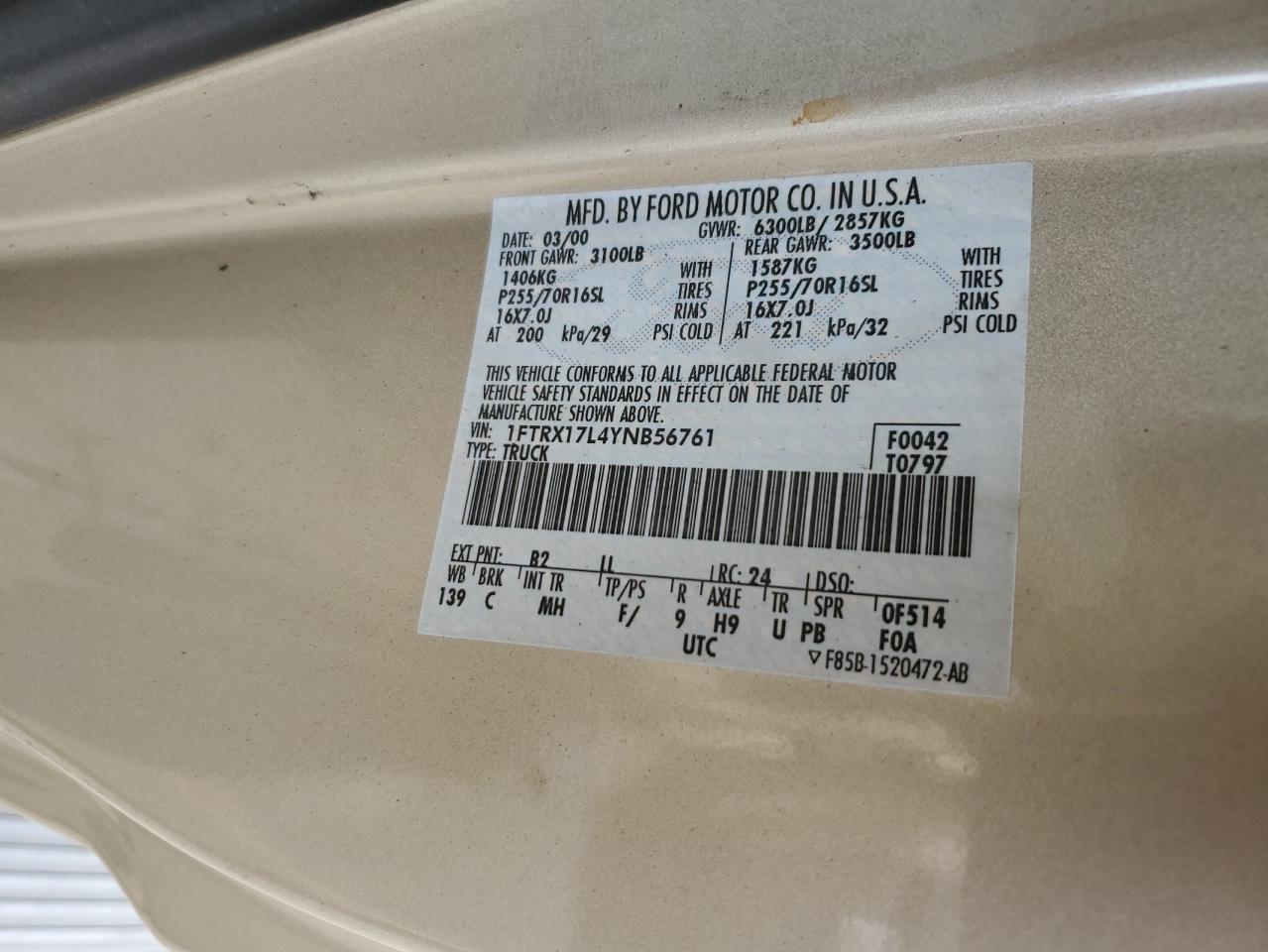 1FTRX17L4YNB56761 2000 Ford F150