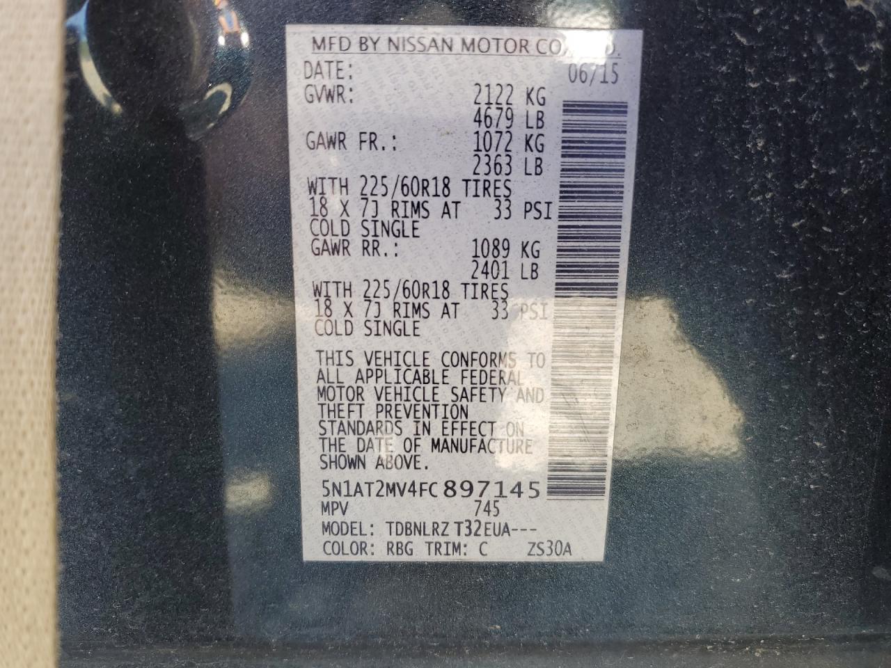 5N1AT2MV4FC897145 2015 Nissan Rogue S