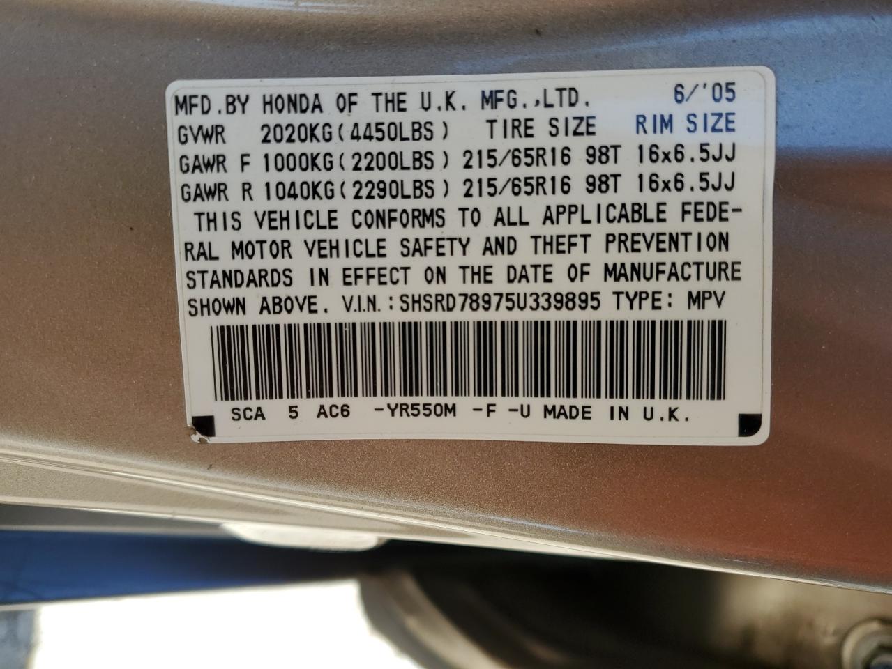 SHSRD78975U339895 2005 Honda Cr-V Se