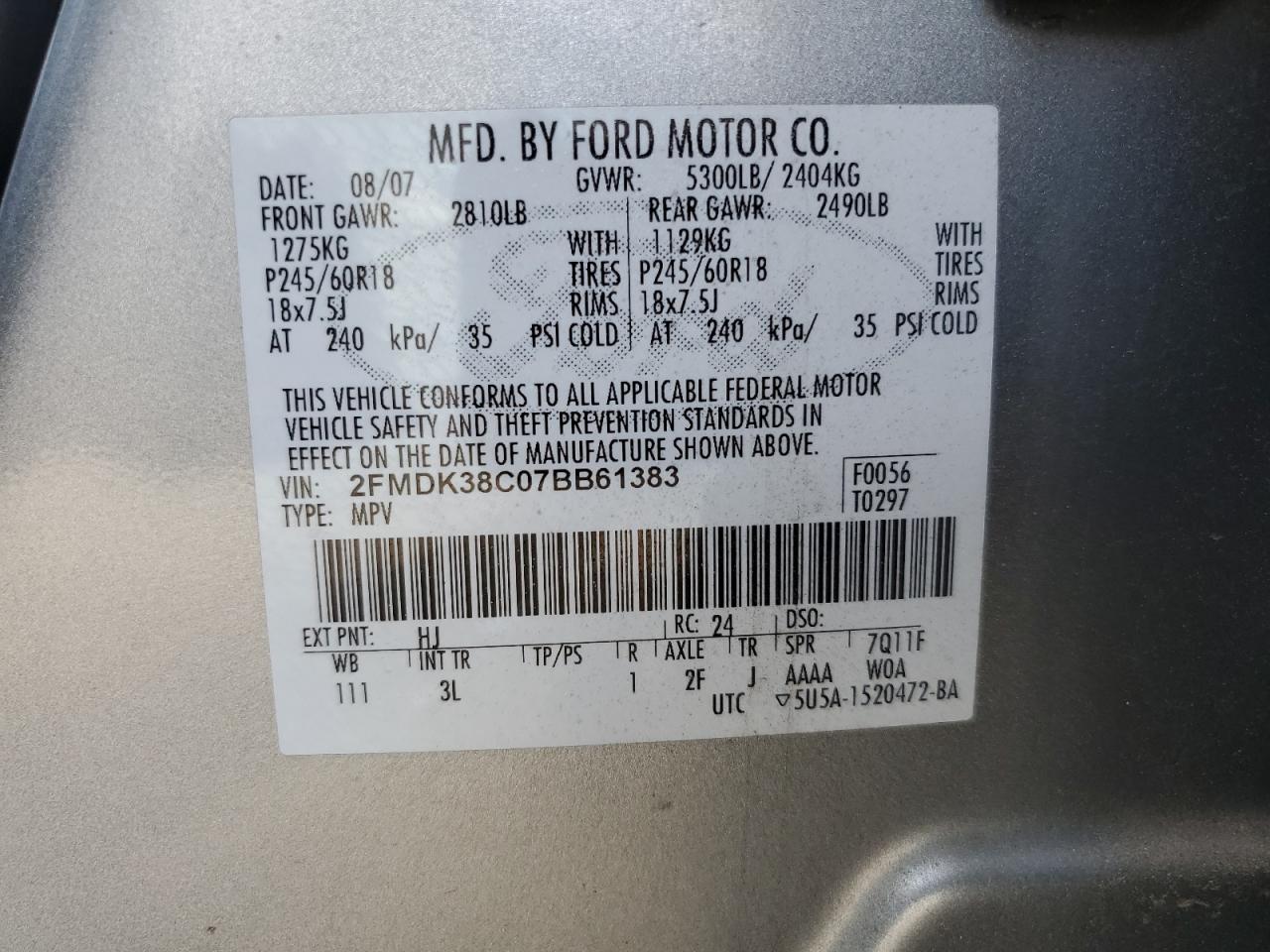 2FMDK38C07BB61383 2007 Ford Edge Sel