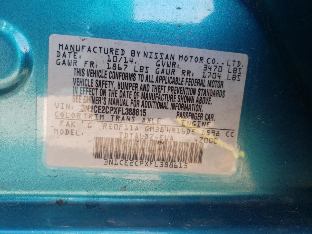 3N1CE2CPXFL388615 2015 Nissan Versa Note S
