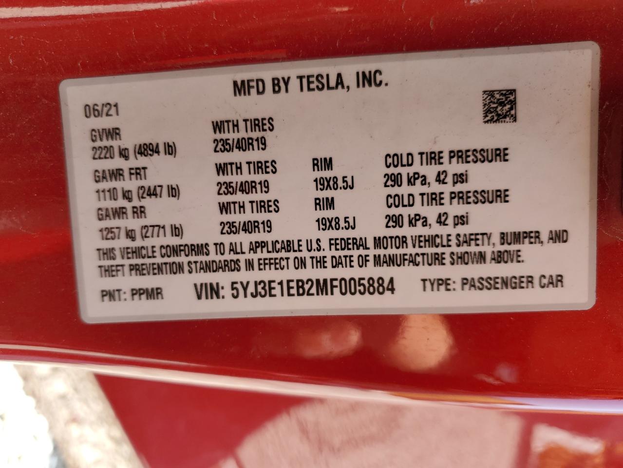 5YJ3E1EB2MF005884 2021 Tesla Model 3