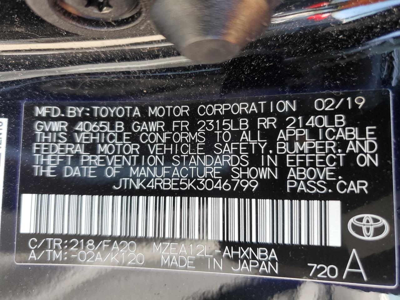 JTNK4RBE5K3046799 2019 Toyota Corolla Se