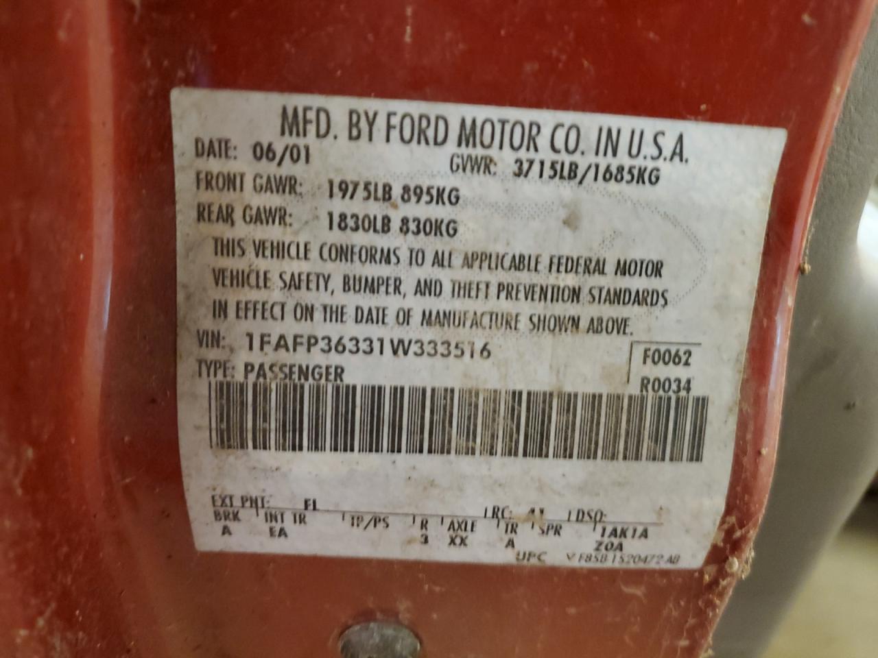 1FAFP36331W333516 2001 Ford Focus Se