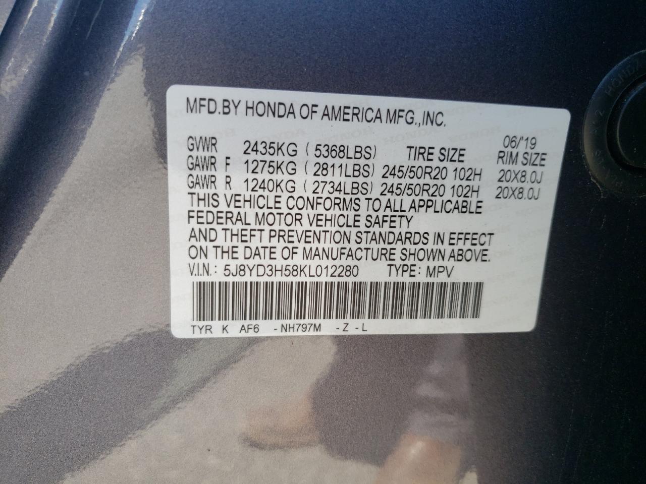 5J8YD3H58KL012280 2019 Acura Mdx Technology