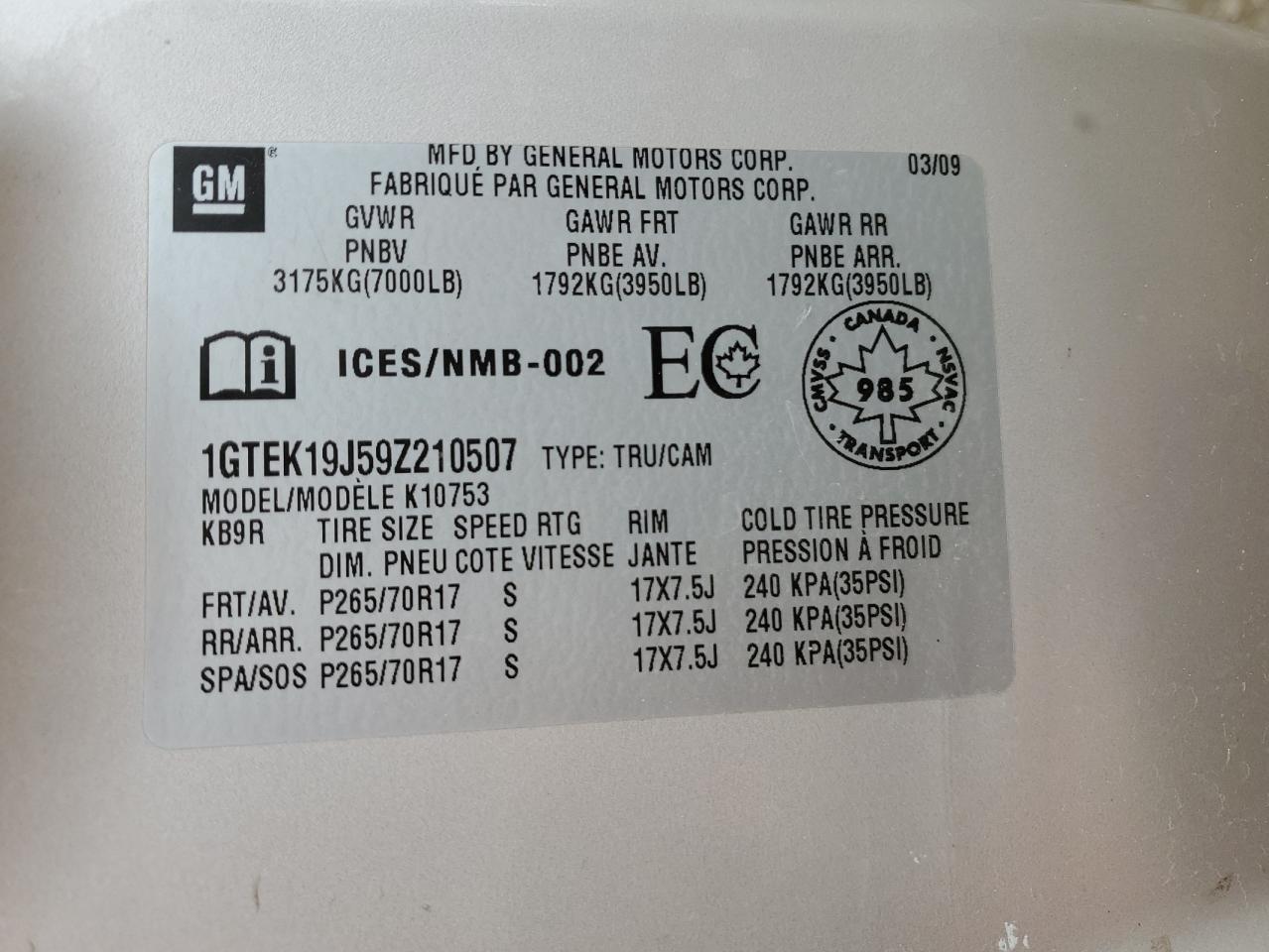 1GTEK19J59Z210507 2009 GMC Sierra K1500