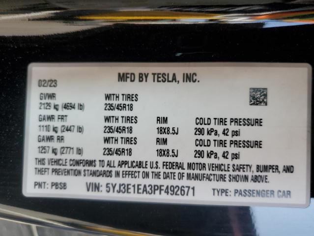 2023 Tesla Model 3 VIN: 5YJ3E1EA3PF492671 Lot: 56967184