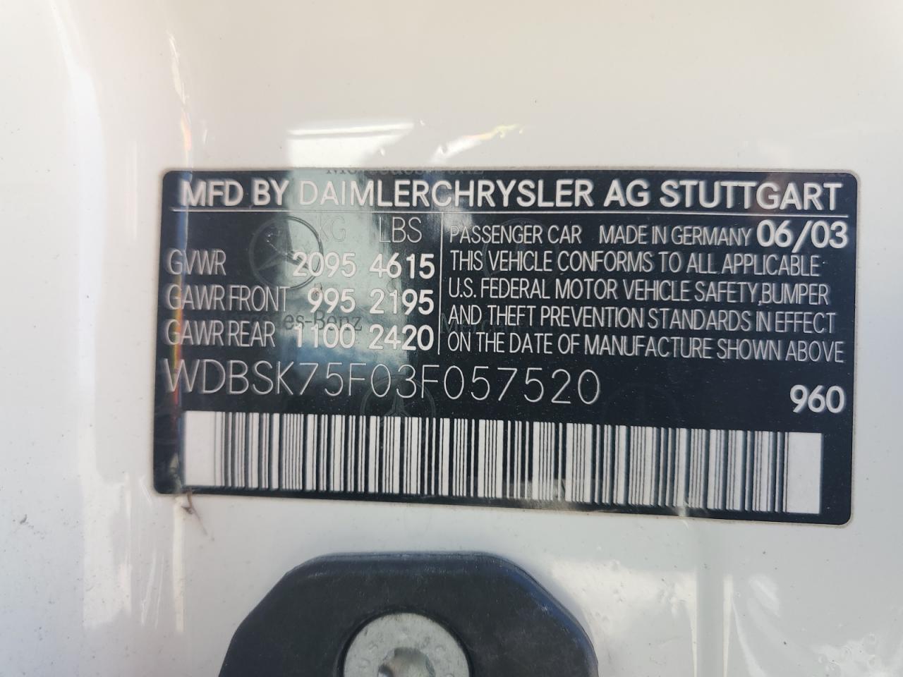 WDBSK75F03F057520 2003 Mercedes-Benz Sl 500R