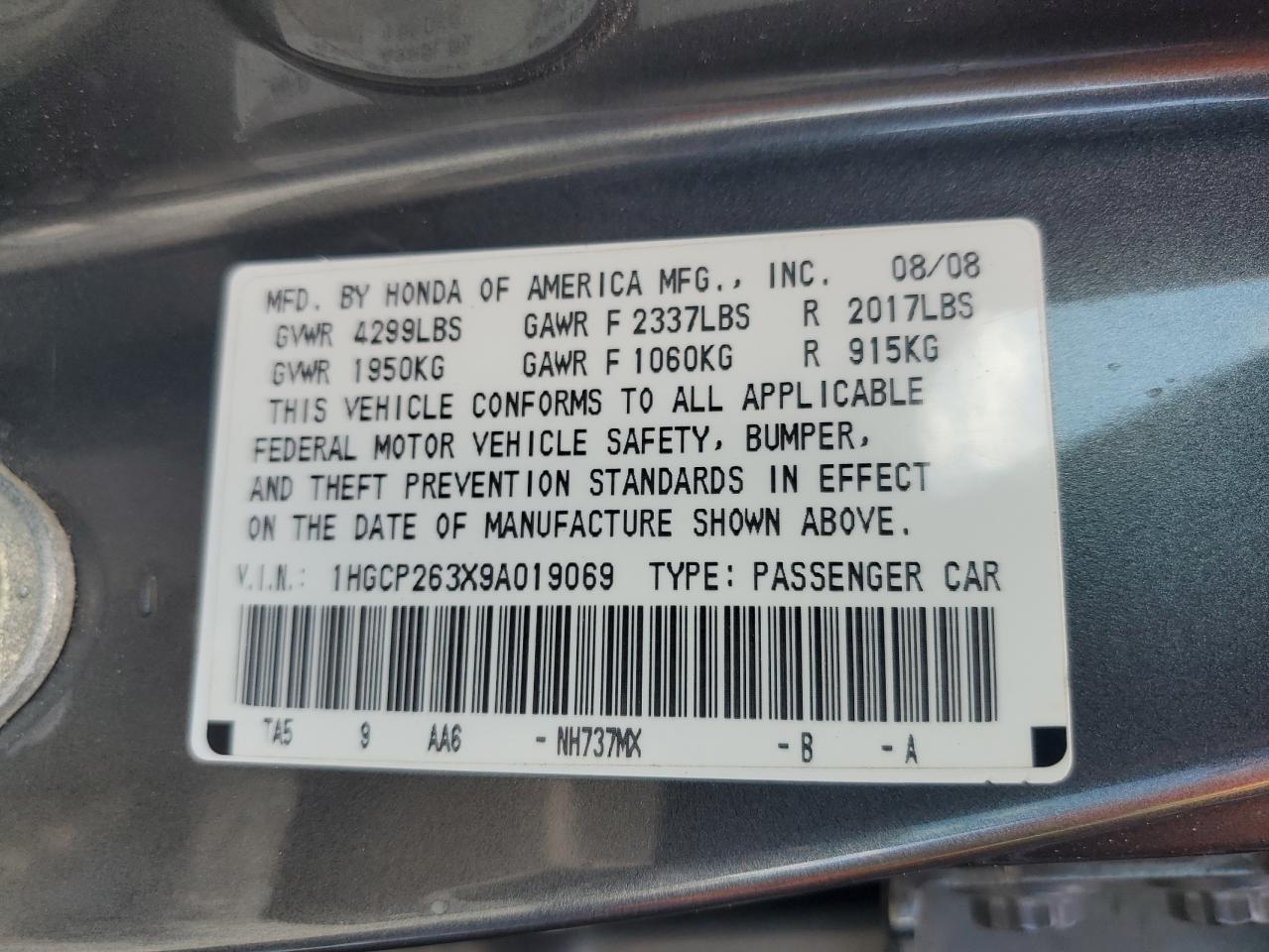 1HGCP263X9A019069 2009 Honda Accord Lx