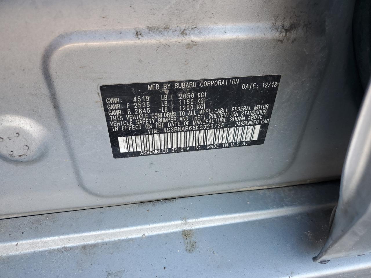 4S3BNAB66K3020725 2019 Subaru Legacy 2.5I