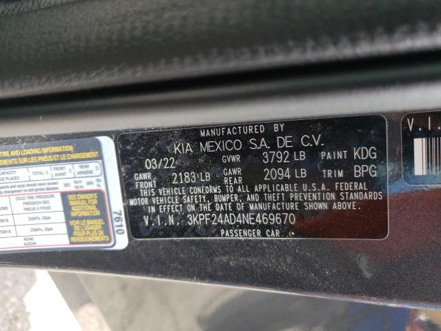 2022 Kia Forte Fe VIN: 3KPF24AD4NE469670 Lot: 54472574