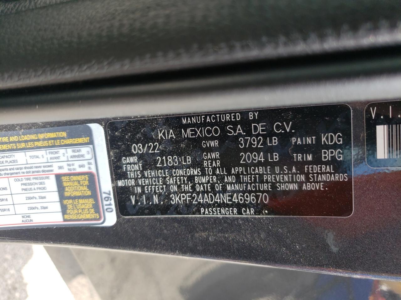 3KPF24AD4NE469670 2022 Kia Forte Fe