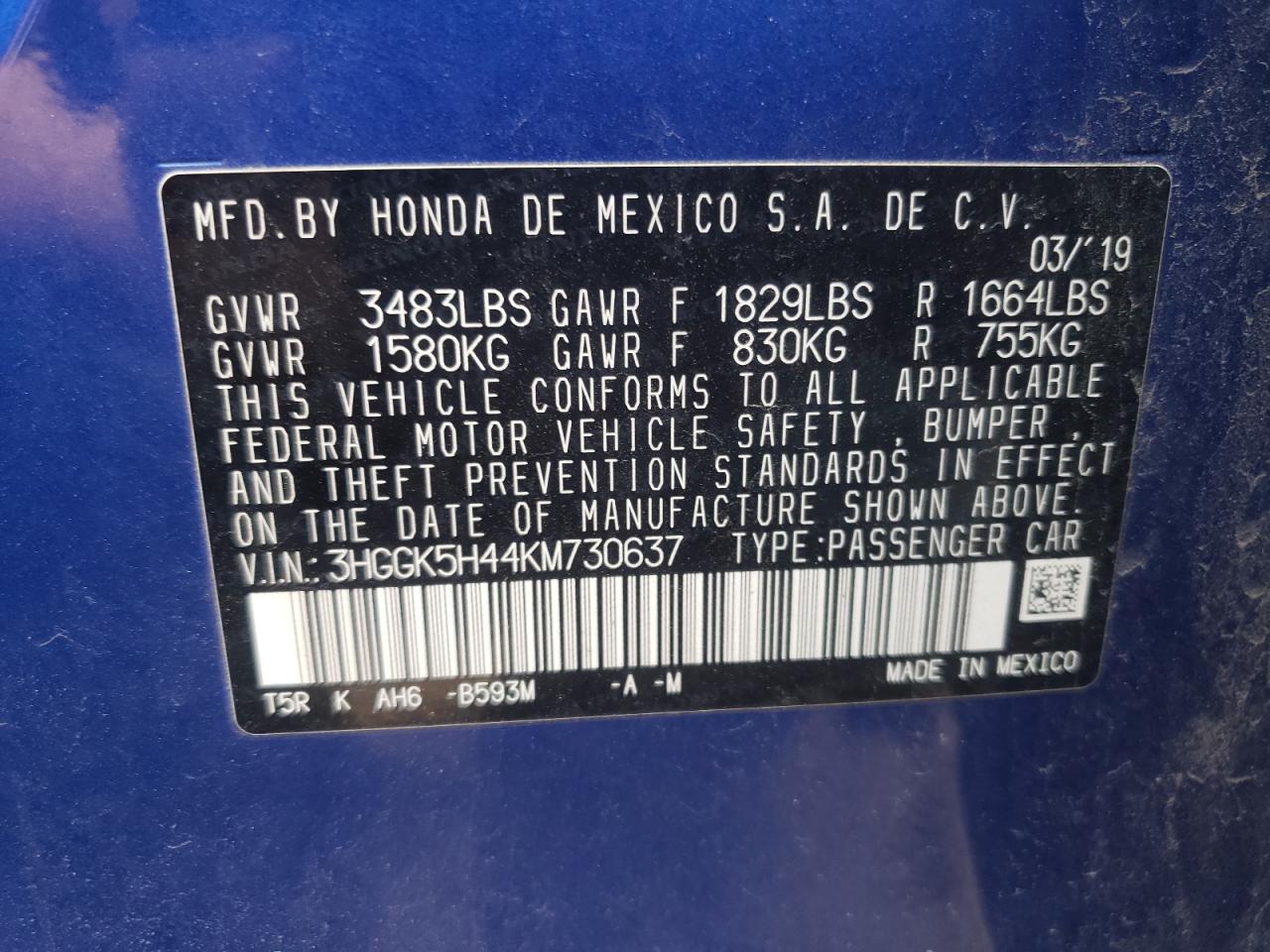 3HGGK5H44KM730637 2019 Honda Fit Lx