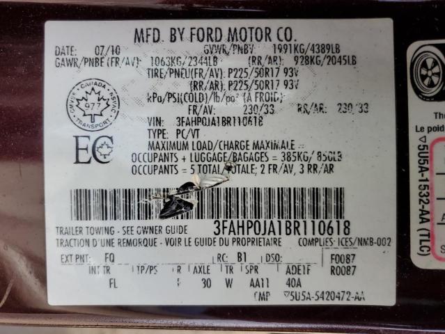 2011 Ford Fusion Sel VIN: 3FAHP0JA1BR110618 Lot: 51705734