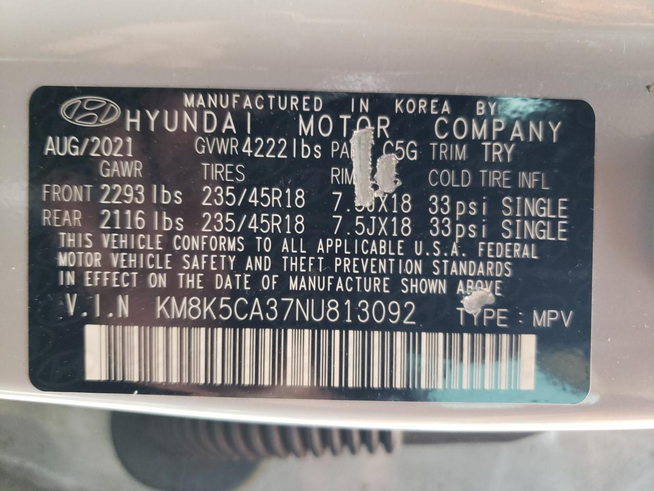 KM8K5CA37NU813092 2022 Hyundai Kona Limited