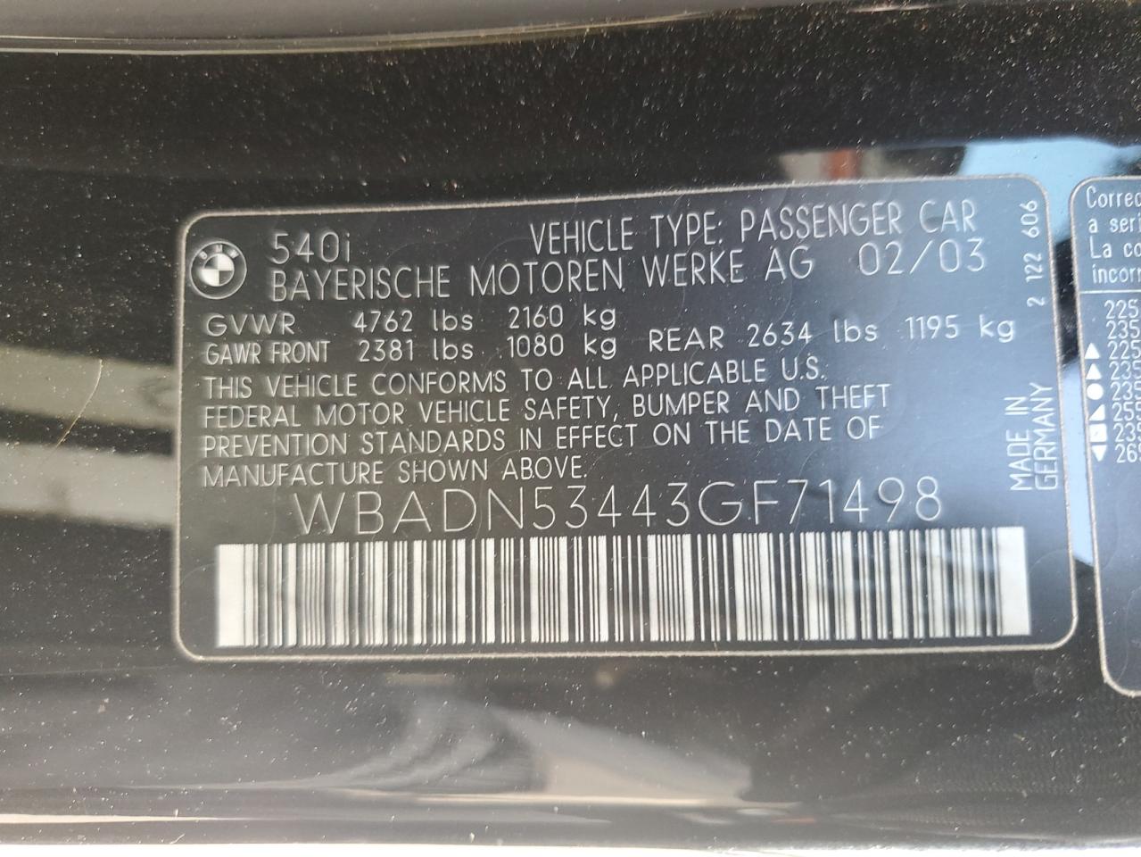 WBADN53443GF71498 2003 BMW 540 I