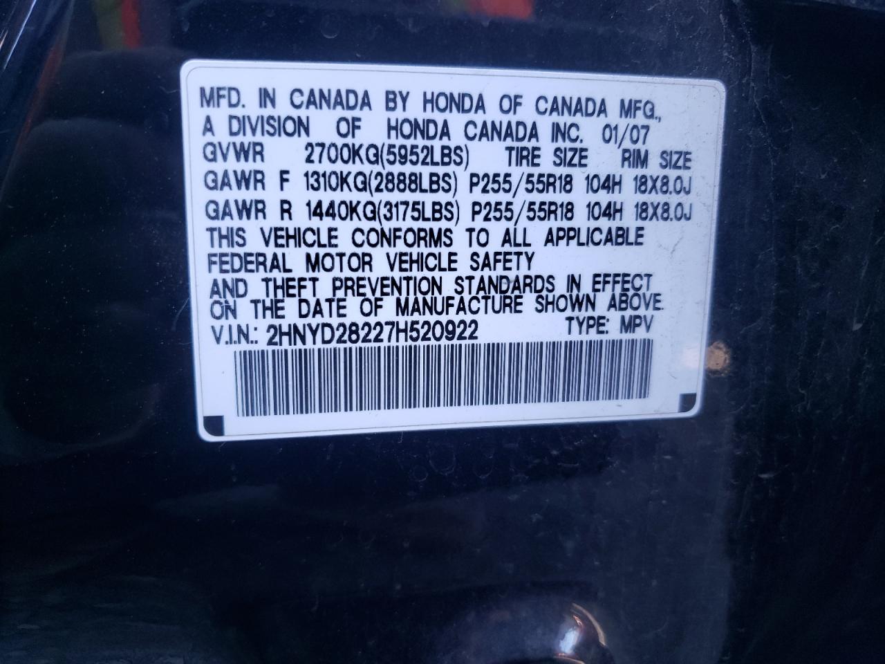 2HNYD28227H520922 2007 Acura Mdx