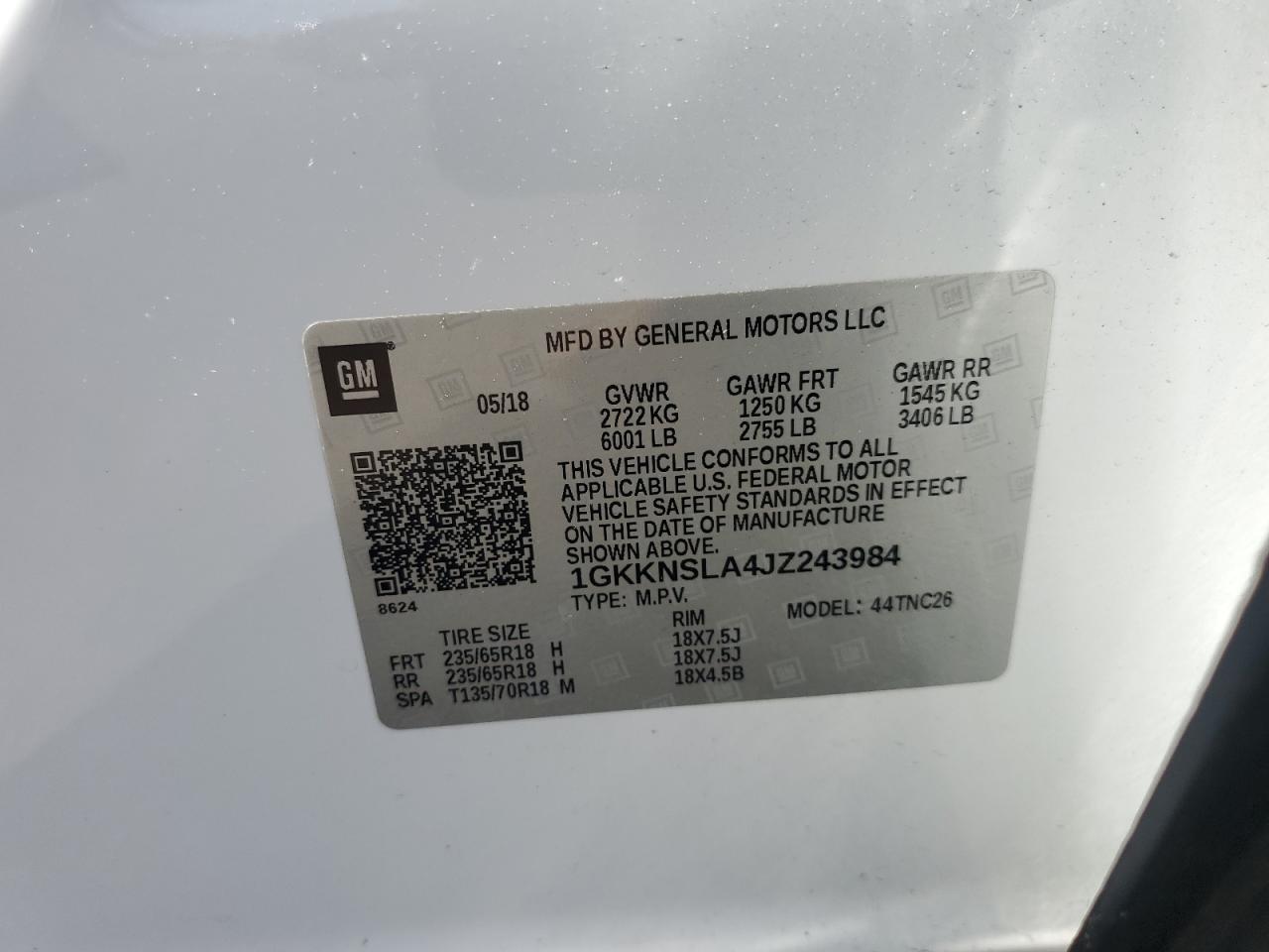 1GKKNSLA4JZ243984 2018 GMC Acadia Sle