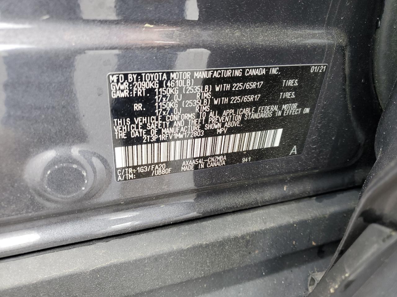2T3P1RFV1MW172803 2021 Toyota Rav4 Xle