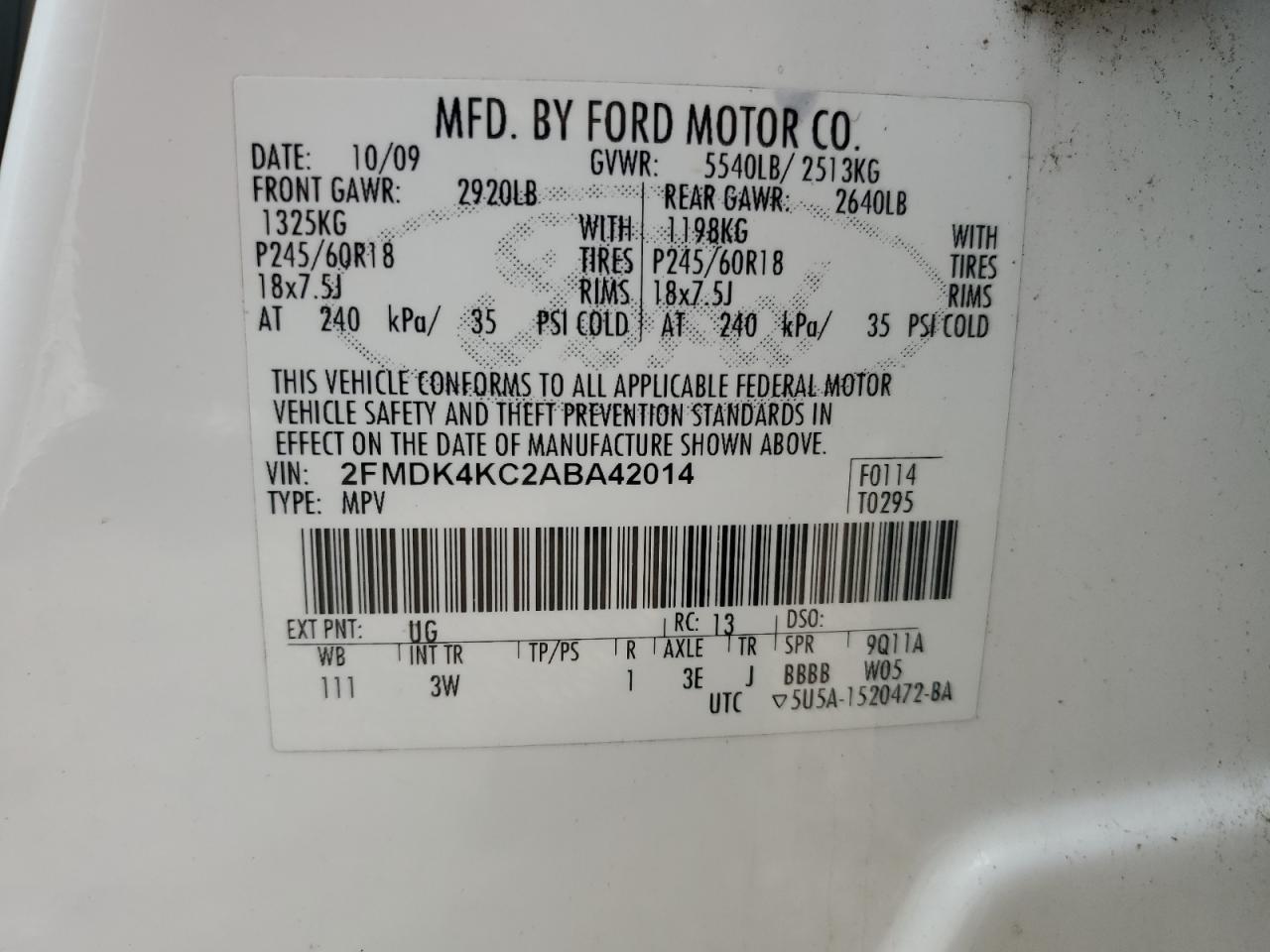 2FMDK4KC2ABA42014 2010 Ford Edge Limited