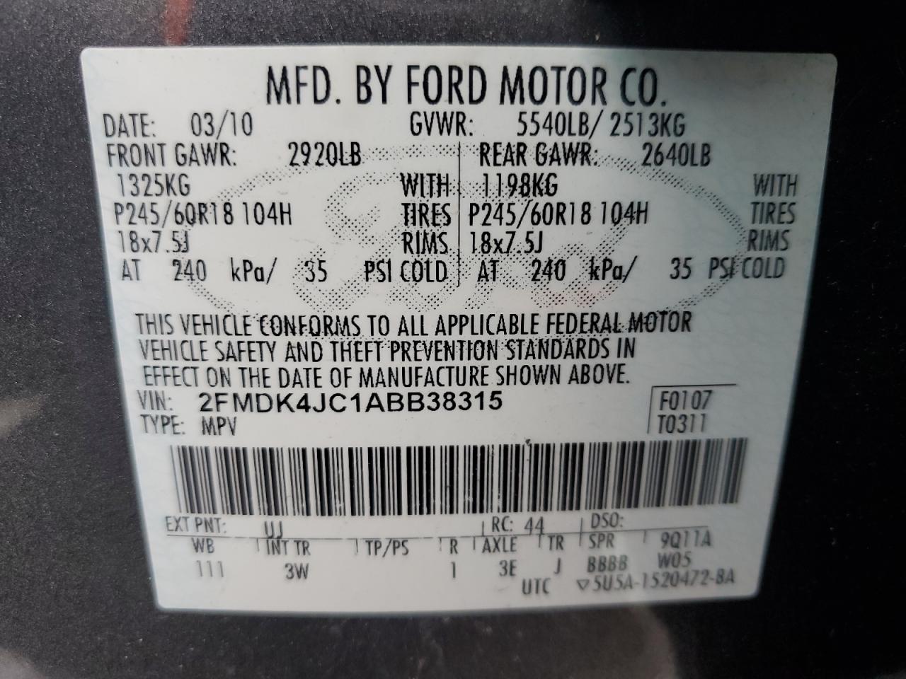 2FMDK4JC1ABB38315 2010 Ford Edge Sel