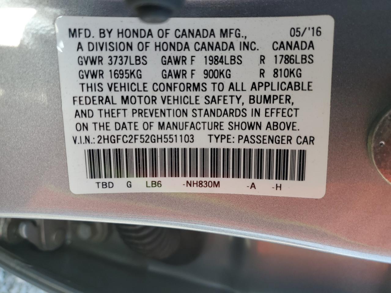 2HGFC2F52GH551103 2016 Honda Civic Lx