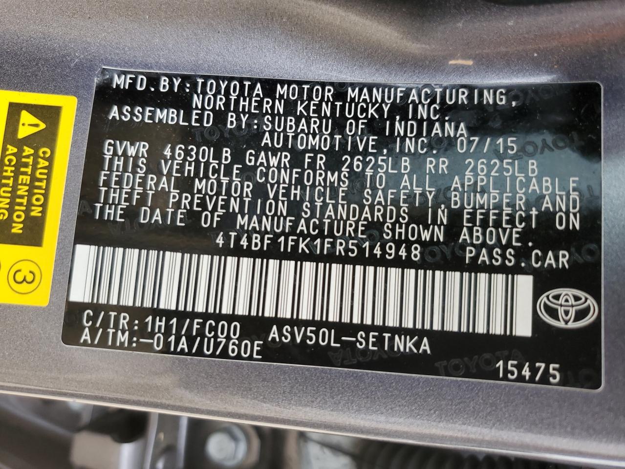 4T4BF1FK1FR514948 2015 Toyota Camry Le