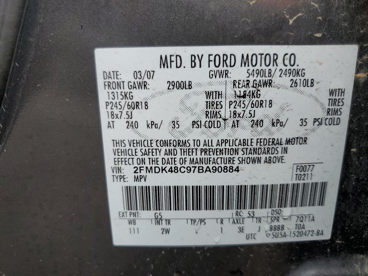 2FMDK48C97BA90884 2007 Ford Edge Sel
