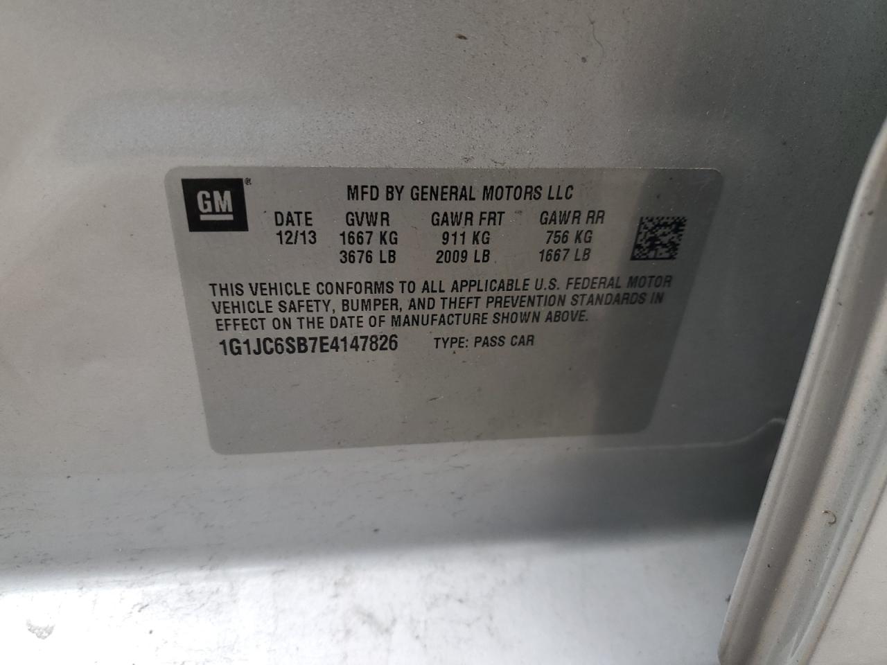 1G1JC6SB7E4147826 2014 Chevrolet Sonic Lt