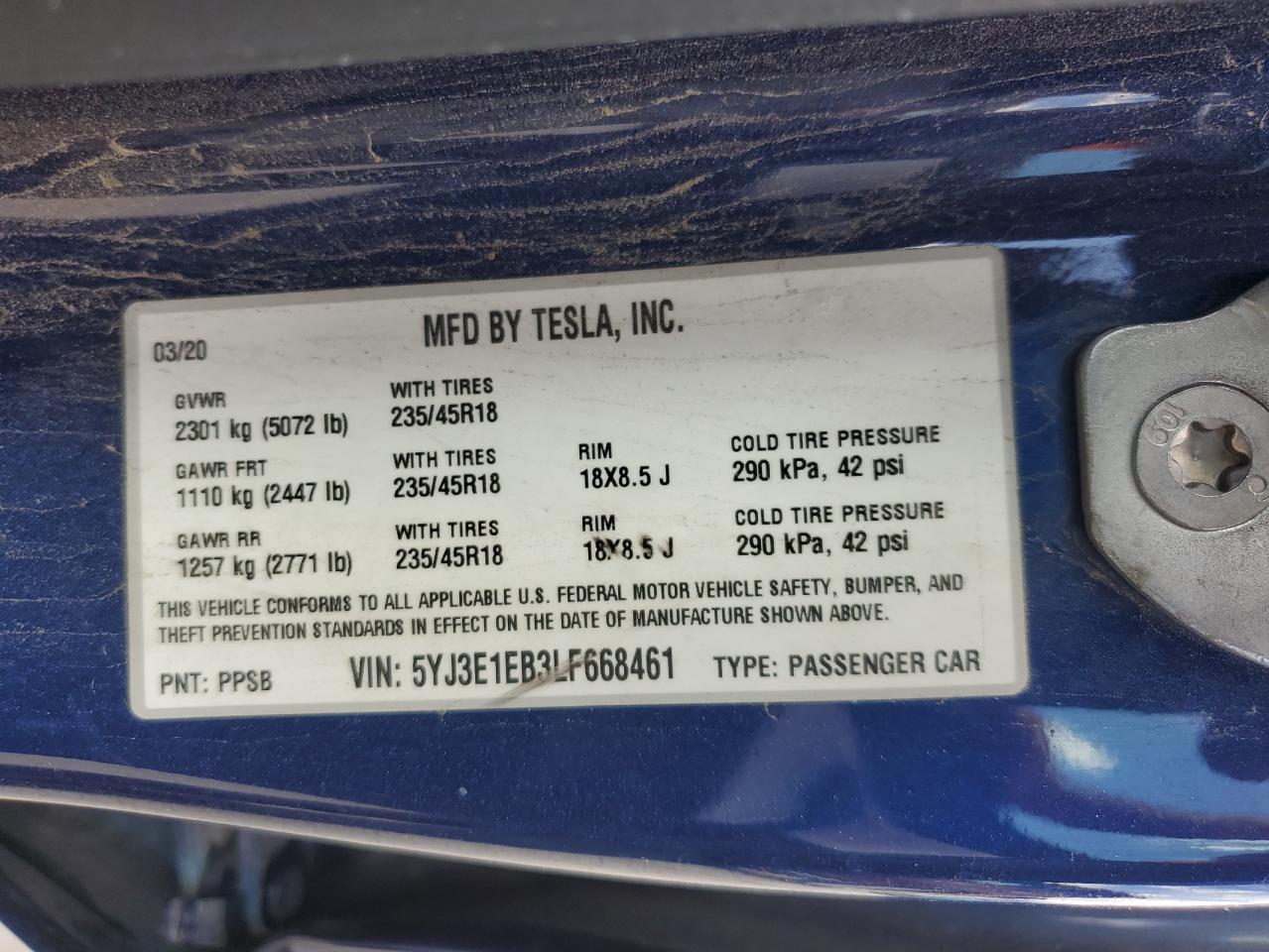 5YJ3E1EB3LF668461 2020 Tesla Model 3