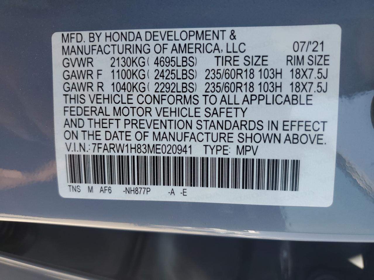 7FARW1H83ME020941 2021 Honda Cr-V Exl