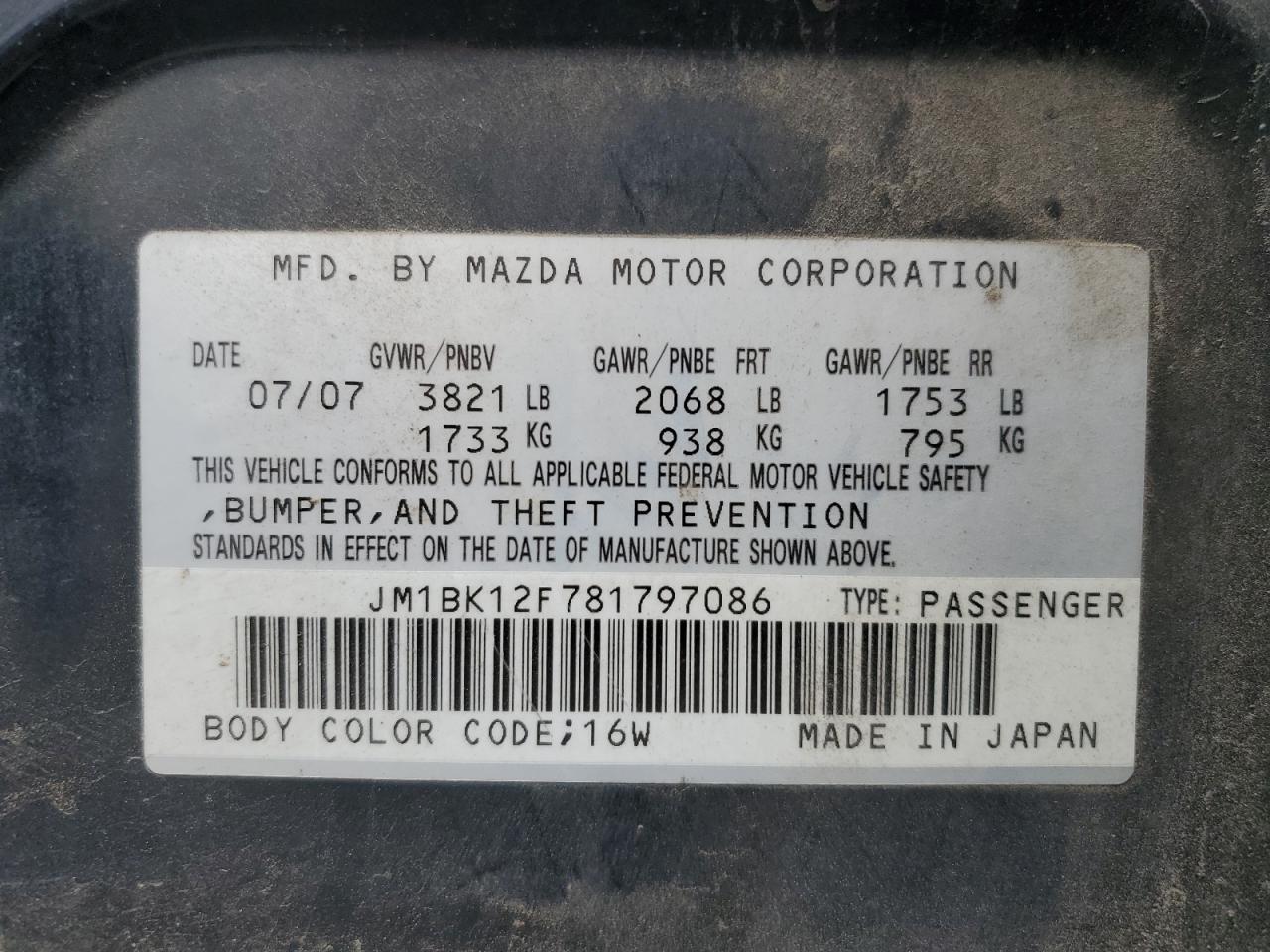 JM1BK12F781797086 2008 Mazda 3 I