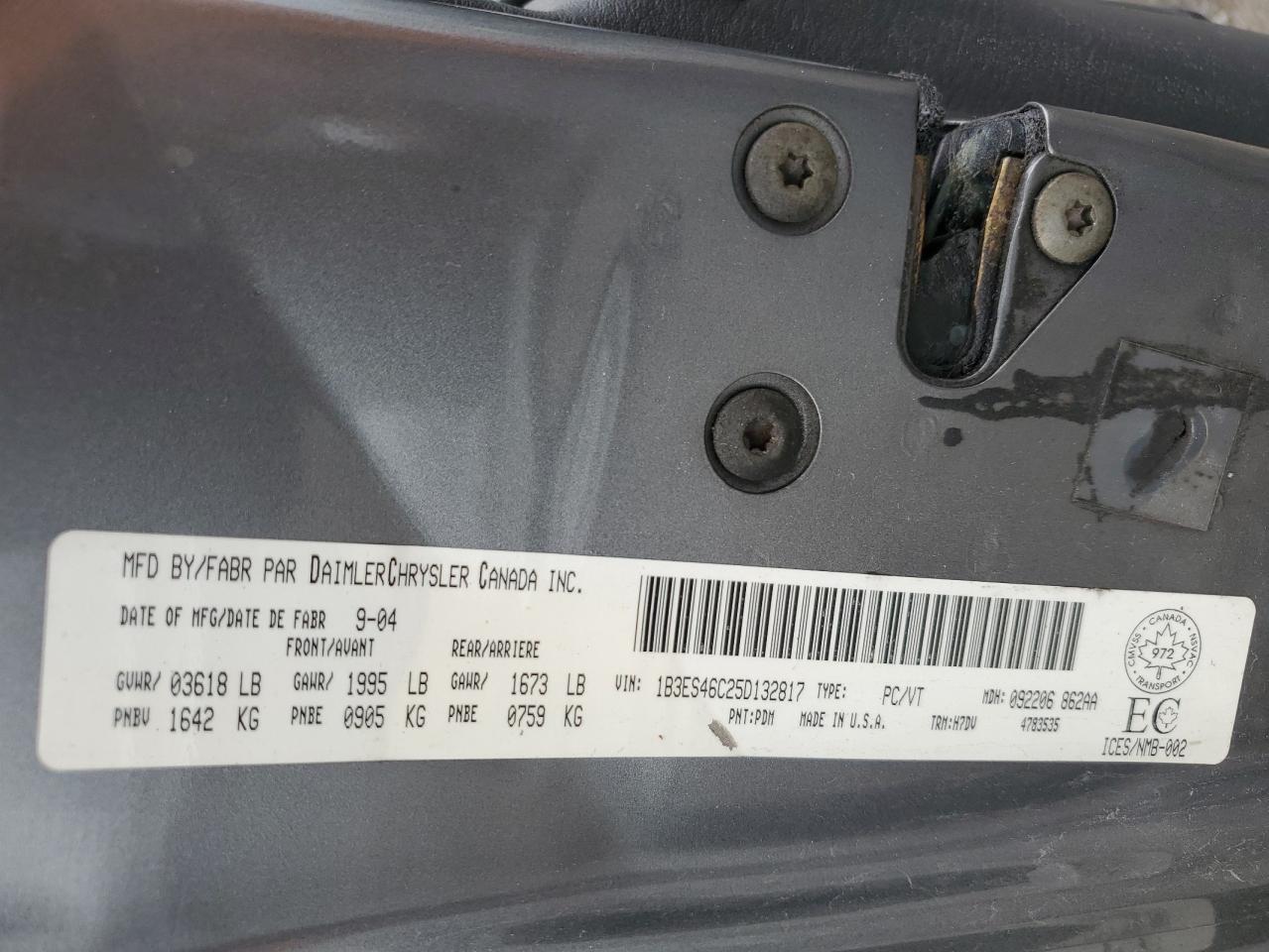 1B3ES46C25D132817 2005 Dodge Neon Sx 2.0