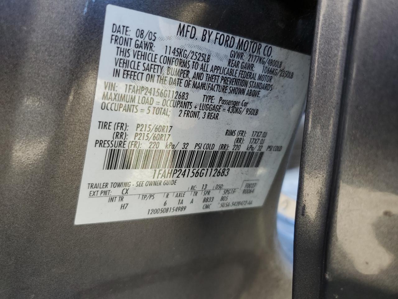 1FAHP24156G112683 2006 Ford Five Hundred Sel