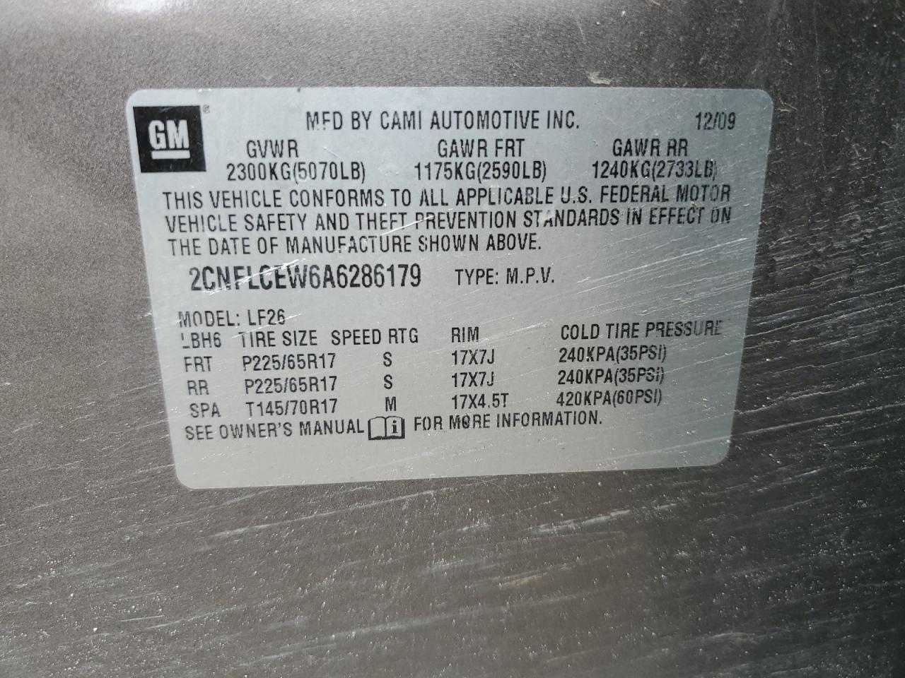 2CNFLCEW6A6286179 2010 Chevrolet Equinox Ls