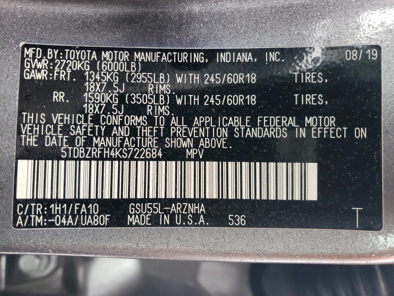 5TDBZRFH4KS722684 2019 Toyota Highlander Le