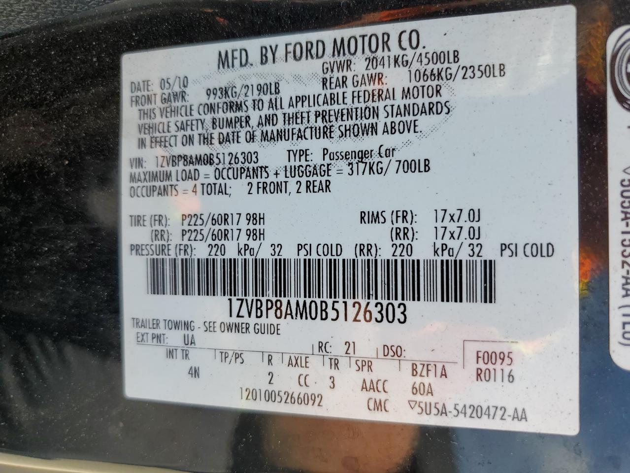 1ZVBP8AM0B5126303 2011 Ford Mustang