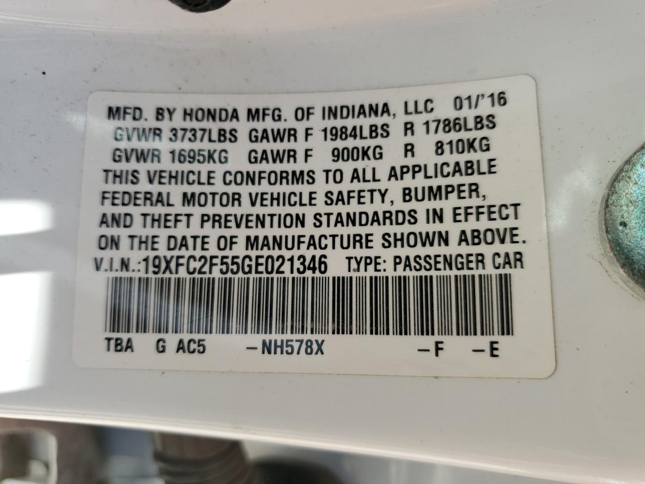 19XFC2F55GE021346 2016 Honda Civic Lx