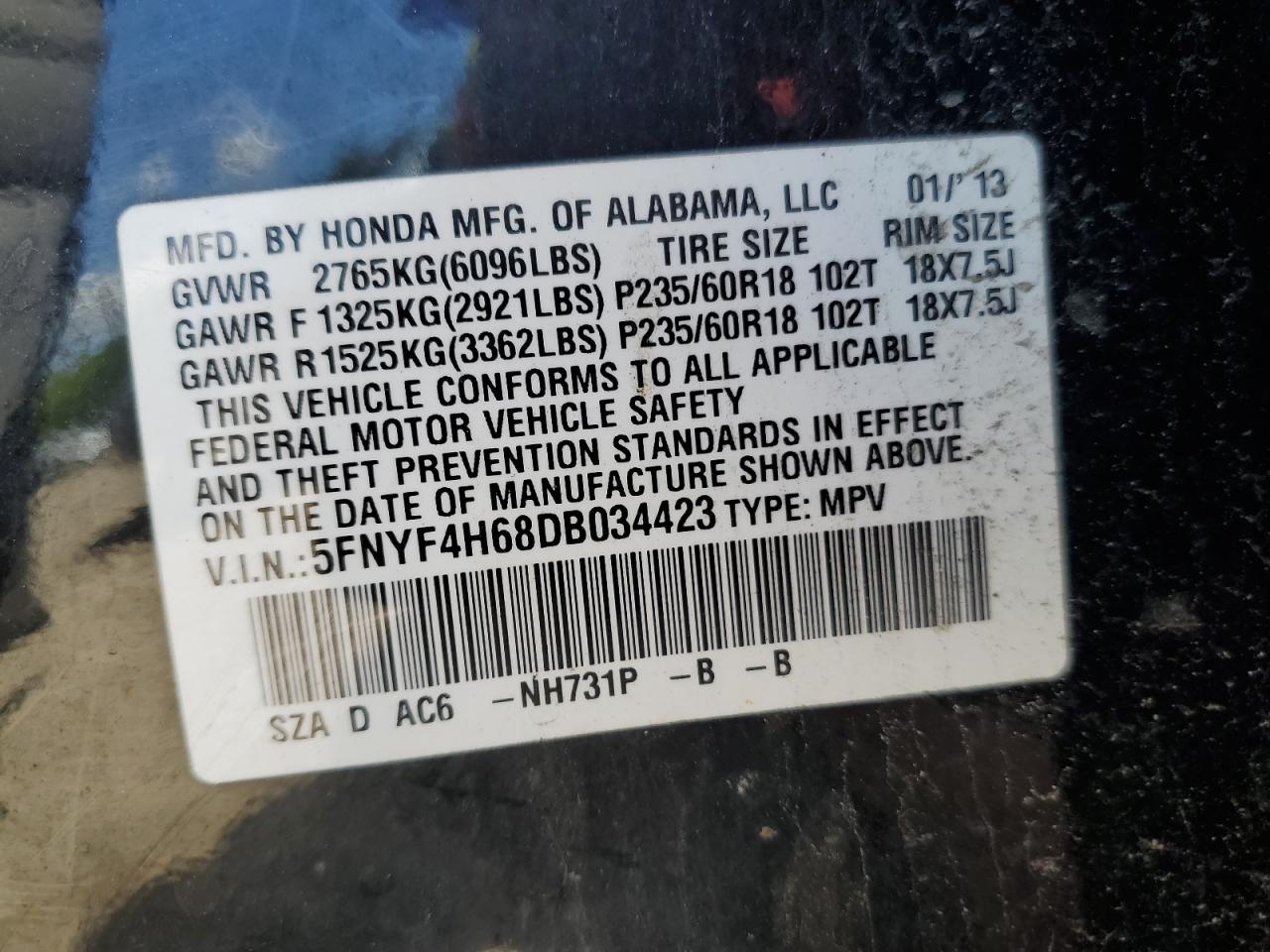 5FNYF4H68DB034423 2013 Honda Pilot Exl
