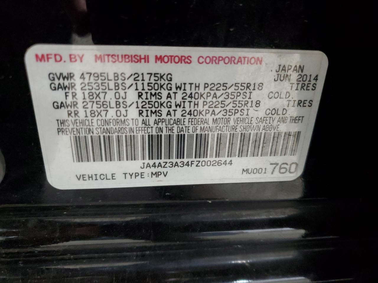 JA4AZ3A34FZ002644 2015 Mitsubishi Outlander Se