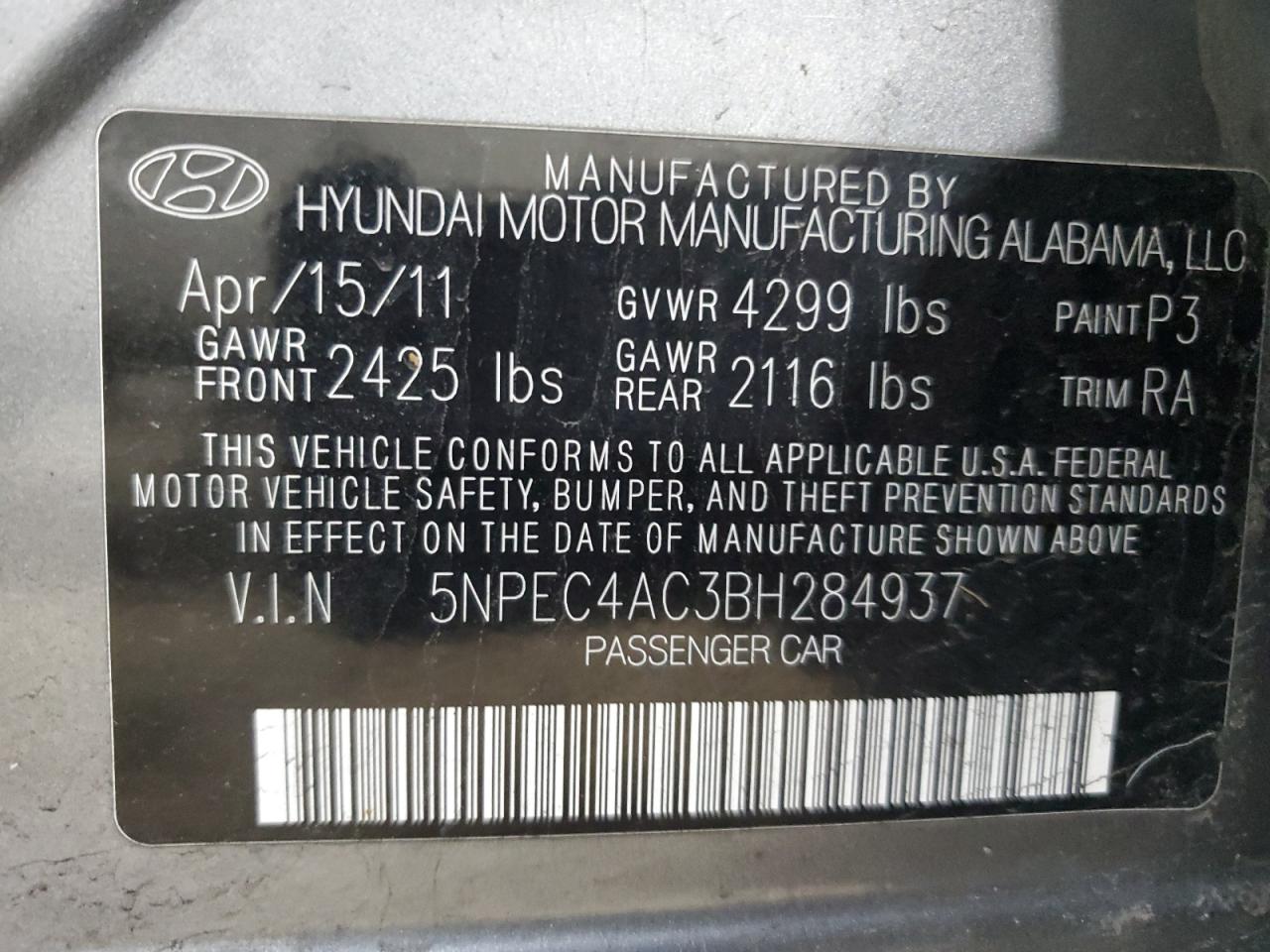 5NPEC4AC3BH284937 2011 Hyundai Sonata Se