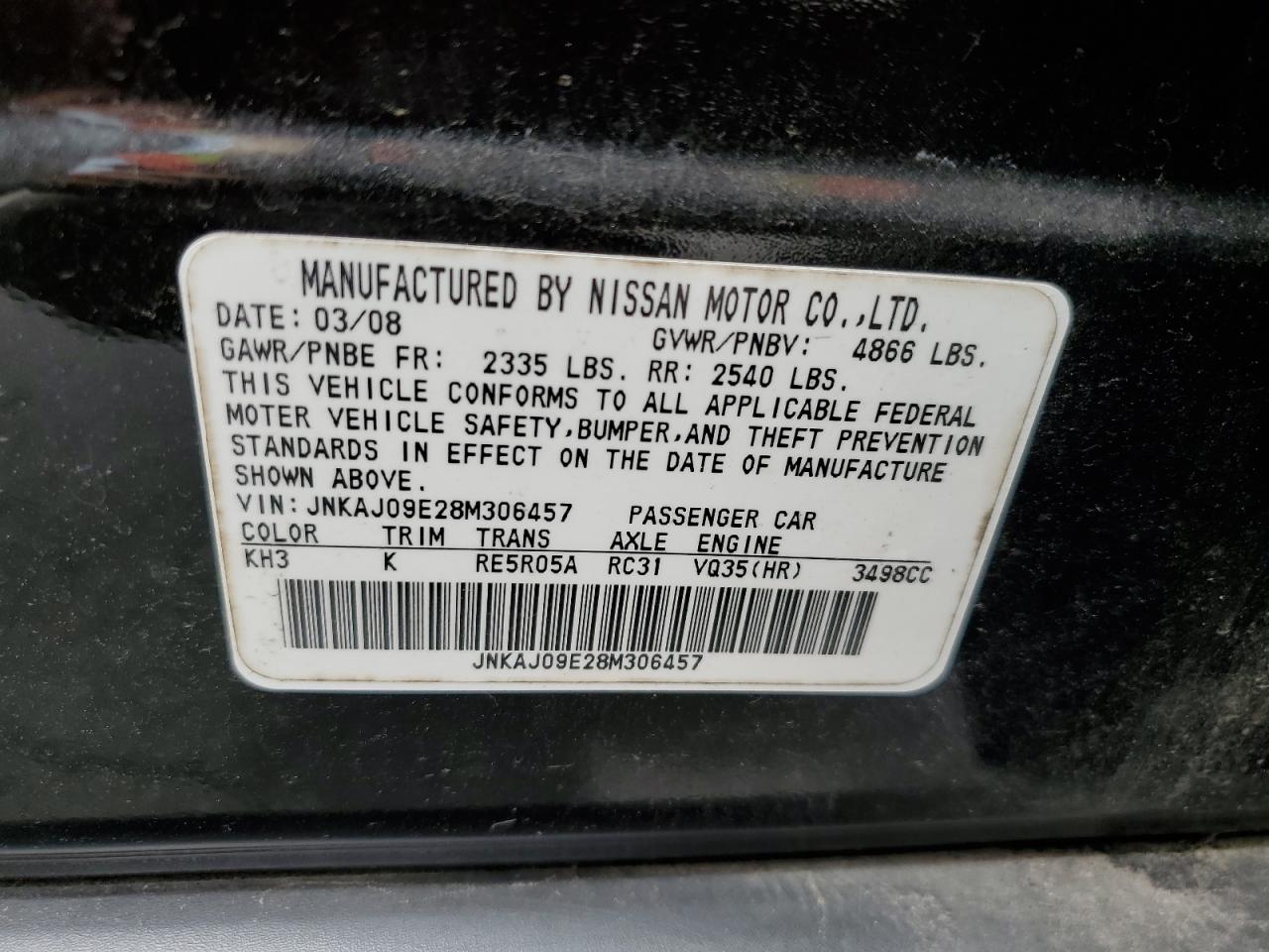 JNKAJ09E28M306457 2008 Infiniti Ex35 Base